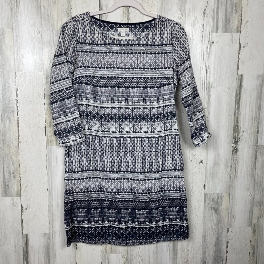 Garnet Hill 100% linen dress batik print blue white boho summer A line